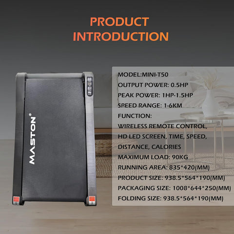 Maston Treadmills Mini T50 2.5HP Walking Pad Under Desk Treadmill 1-8KM/H 120Kg Weight Capacity Portable Treadmills for Home and Office
